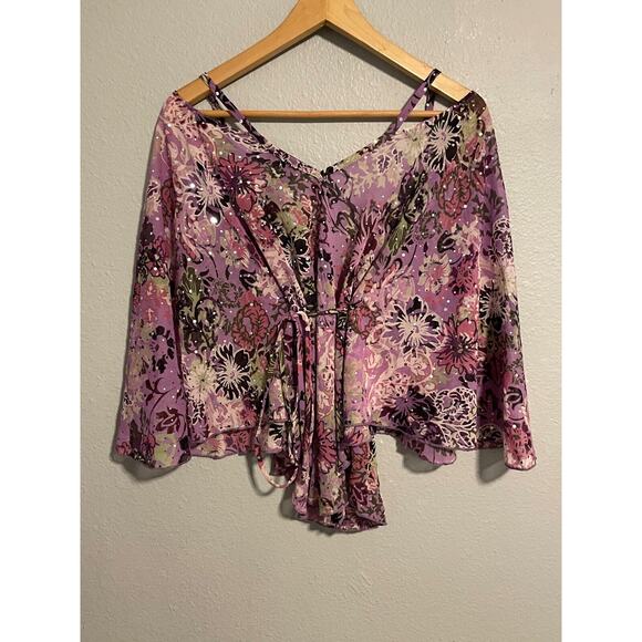 Vintage Rampage Womens Top Small Purple Floral Chiffon Sheer Sequin Fairy 90s - Picture 4 of 7
